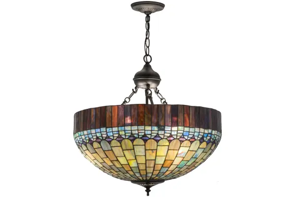 In the early 20th century, Tiffany Studios used its artful mastery to develop the look of woven fabric with a fringed skirt out of glass. Meyda Tiffany has taken that concept one step further and turned it upside down. Multi-hued Amber Plum fringe suspends an inverted dome brickwork intertwined with shades of Emerald, Cobalt, Heather, Byzantium, Navy and Amber art glass. The art glass shade is created using Meyda's famous copper foil construction process and is enhanced with hardware finished in Solar Black. Each shade is a unique work of art with color variations based on natural ingredients inherent in the glass. Contact us if color matching is critical when ordering multiple items. Collection: Tiffany Candice Finish: Solar Black Glass: Stained Glass Width: 22.00" Height: 24.00" Length: 22.00" Weight: 14.00 lb Number of Bulbs: 3 Maximum Wattage: 50.00 W Bulb Type: MR16 Bulb Base: Medium Material: Metal Or Polyresin Country of Origin: CHINA Safety Listing: Damp Safety Rating: Damp