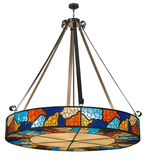 Like an artist creating a resplendent mosaic masterpiece; this pendant reveals a stunning collage crafted in hues of Sahara Taupe; Medium Blue; Sky Blue; Mica and Ambra Siena. This unique Idalight shade; which is complemented with a Timeless Bronze finish; is created by Meyda artisans in the USA. Custom sizes; styles and colors are available; as well as dimmable lamping options. The fixture is UL and cUL listed for damp and dry locations. - alternate view
