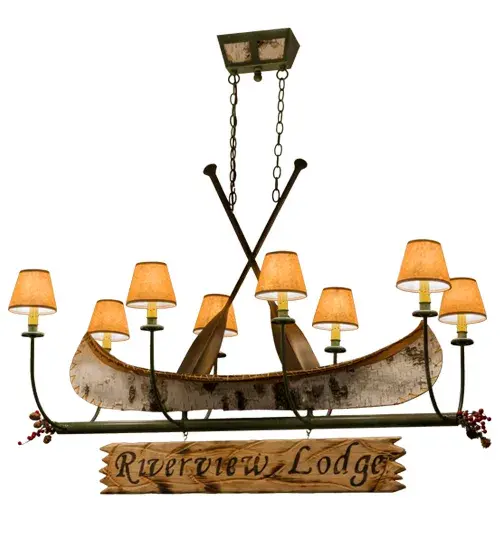 This handsome 8-light chandelier; complete with Antique Copper finished steel paddles; perfectly complements your camp; home; lodge; or cabin. Riverview Lodge is custom engraved with a hot iron branding on the attached signage. This charming fixture features a faux birch bark Canoe; surrounded by eight curved arms with Parchment shades that top Ivory faux candlelights on bobeches. The hardware includes Tarnished Copper finished arms and frame. The overall height ranges from 43 to 68 inches; as the chain length can be easily adjusted in the field to accommodate your specific lighting application needs. This fixture is perfect for illuminating bars; dining tables; islands; and other residential; hospitality; and commercial spaces throughout the U.S.; including Greenville; Maine; Wolfeboro; New Hampshire; and Lake Havasu City; Arizona. The?Personalized Canoe 8 Light Chandelier is featured in our American-made; American-designed; handcrafted Personalized Lighting Collection. UL & cUL listed for dry and damp locations. Please provide us with your family name so we can develop lighting fixtures that bring joy and pride to your home. Call us for pricing and lead time.
