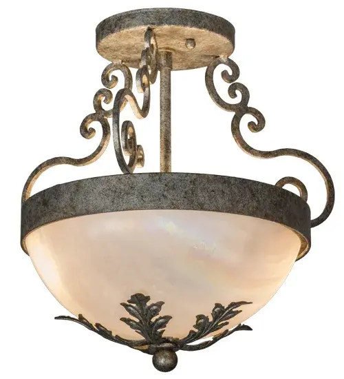 Reminiscent of classic European art and architecture; graceful Ancanthus leaves adorn this stunning art glass pendant. Solid steel leaves; an exquisite border; scrolled arms and hardware are featured in a breathtaking Corinth finish. Handmade in the USA; this fixture is available in custom sizes; colors; designs and dimmable energy efficient lamping options are available. The pendant is UL and cUL for damp and dry locations. - alternate view