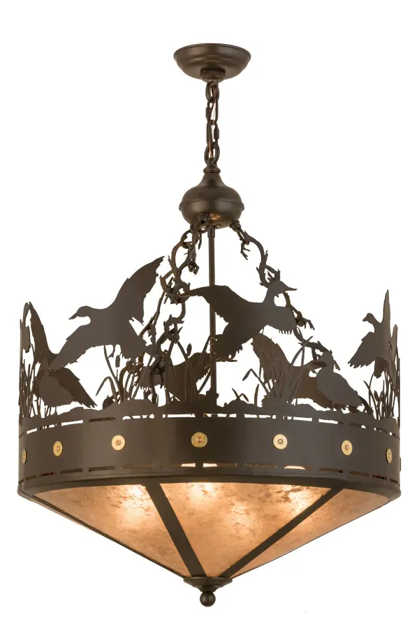 An authentic and mesmerizing wildlife image comes to light beautifully. Soaring, standing and frolicking about the marshes and reeds among the wetlands, a flock of these aquatic birds is captured delightfully in the natural habitat. Timeless Bronze finished accents and a frame with brass accents crown stunning Silver Mica which projects warm ambient light. Handcrafted at the foothills of the Adirondack Mountains in the USA, this fixture is available in a wide range of custom sizes, styles, finishes and dimmable energy efficient lamping options. Collection: Ducks In Flight Finish: Timeless Bronze Glass: Silver Mica Width: 24.00" Height: 34.00" Length: 24.00" Weight: 16.00 lb Number of Bulbs: 4 Maximum Wattage: 60.00 W Bulb Type: A19 Bulb Base: E26 Material: Steel Country of Origin: USA Safety Listing: Damp Safety Rating: Damp