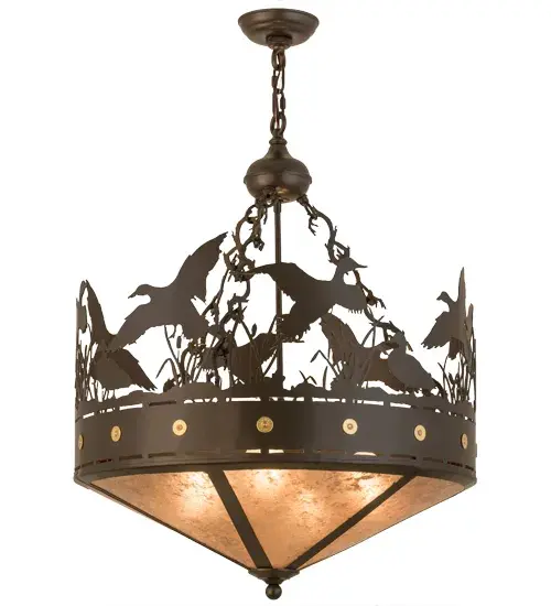 An authentic and mesmerizing wildlife image comes to light beautifully. Soaring, standing and frolicking about the marshes and reeds among the wetlands, a flock of these aquatic birds is captured delightfully in the natural habitat. Timeless Bronze finished accents and a frame with brass accents crown stunning Silver Mica which projects warm ambient light. Handcrafted at the foothills of the Adirondack Mountains in the USA, this fixture is available in a wide range of custom sizes, styles, finishes and dimmable energy efficient lamping options. Collection: Ducks In Flight Finish: Timeless Bronze Glass: Silver Mica Width: 24.00" Height: 34.00" Length: 24.00" Weight: 16.00 lb Number of Bulbs: 4 Maximum Wattage: 60.00 W Bulb Type: A19 Bulb Base: E26 Material: Steel Country of Origin: USA Safety Listing: Damp Safety Rating: Damp - alternate view