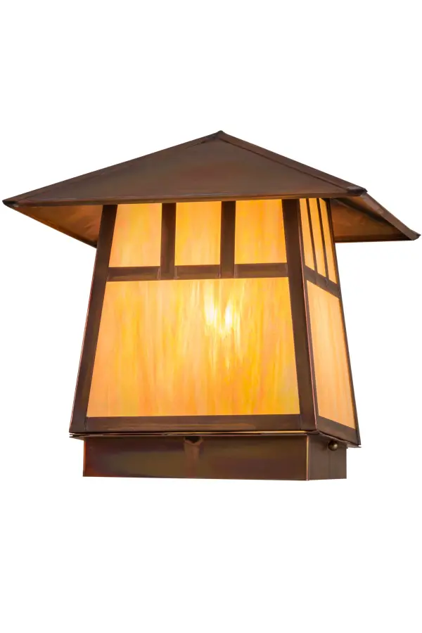 Custom made from Solid Copper. A stunning Craftsman Signature design statement is captured with a dramatic Mission styled straight line design. Highlighted with Beige Iridescent Glass and decorative accents and hardware featured in a Vintage Copper finish. This indoor/outdoor deck light is ideal for various applications in residential and commercial environments. Handcrafted in our 180,000 square foot manufacturing facility in Yorkville, New York. Diffuser colors, metal finishes and fixture sizes can be customized to your needs. UL and cUL listed for dry, damp and wet locations. Collection: Stillwater Finish: Vintage Copper Glass: Beige Iridescent Glass Width: 16.50" Height: 12.50" Length: 12.00" Weight: 7.00 lb Number of Bulbs: 1 Maximum Wattage: 60.00 W Bulb Type: A19 Bulb Base: E26 Material: Copper Country of Origin: USA Safety Listing: Wet Safety Rating: Wet