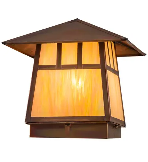 Custom made from Solid Copper. A stunning Craftsman Signature design statement is captured with a dramatic Mission styled straight line design. Highlighted with Beige Iridescent Glass and decorative accents and hardware featured in a Vintage Copper finish. This indoor/outdoor deck light is ideal for various applications in residential and commercial environments. Handcrafted in our 180,000 square foot manufacturing facility in Yorkville, New York. Diffuser colors, metal finishes and fixture sizes can be customized to your needs. UL and cUL listed for dry, damp and wet locations. Collection: Stillwater Finish: Vintage Copper Glass: Beige Iridescent Glass Width: 16.50" Height: 12.50" Length: 12.00" Weight: 7.00 lb Number of Bulbs: 1 Maximum Wattage: 60.00 W Bulb Type: A19 Bulb Base: E26 Material: Copper Country of Origin: USA Safety Listing: Wet Safety Rating: Wet - alternate view