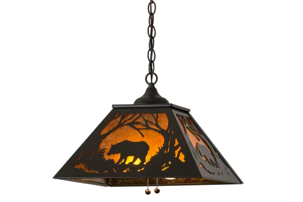 This Nature Inspired pendant depicts a majestic Bear wandering through the woodlands as the sun rises in the warm summer sky. Beautiful ambient light projects through an Amber Mica shade, which is complemented with hardware and decorative accents featured in a Timeless Bronze finish. This charming pendant is ideal for illuminating dining and kitchen areas in fine homes from Northwestern Montana, Northern Utah, and Northwestern Washington. The overall height ranges from 14.5 to 44 inches, as the chain can be easily adjusted in the field to meet your specific lighting applications. The Bear at Dawn Pendant is included in our American-made, American-designed, handcrafted Wildlife Collection, which is manufactured in Yorkville, New York. UL and cUL listed for dry and damp locations. Collection: Bear At Dawn Finish: Timeless Bronze Glass: Amber Mica Width: 22.25" Height: 15.00" Length: 16.00" Weight: 8.00 lb Number of Bulbs: 2 Maximum Wattage: 60.00 W Bulb Type: A19 Bulb Base: E26 Material: Steel Country of Origin: USA Safety Listing: Damp Safety Rating: Damp