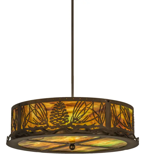 Stunning pinecones and pine needles capture the ultimate beauty of Mother Nature. This fixture is handcrafted of an exquisite Green Brown art glass which is enhanced with decorative accents and hardware featured in an Antique Copper finish. The fixture is custom crafted by Meyda artisans in the USA at the foothills of the spectacular Adirondack Mountains. Custom sizes, shapes, styles and finishes are available, as well as dimmable energy efficient lamping options. Collection: Mountain Pine Finish: Antique Copper Glass: Green Blue Brown Glass Width: 22.00" Height: 30.00" Length: 22.00" Weight: 18.00 lb Extension from Wall: 11.00" Number of Bulbs: 4 Maximum Wattage: 60.00 W Bulb Type: A19 Bulb Base: E26 Material: Steel Country of Origin: USA Safety Listing: Damp Safety Rating: Damp