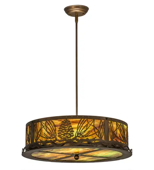 Stunning pinecones and pine needles capture the ultimate beauty of Mother Nature. This fixture is handcrafted of an exquisite Green Brown art glass which is enhanced with decorative accents and hardware featured in an Antique Copper finish. The fixture is custom crafted by Meyda artisans in the USA at the foothills of the spectacular Adirondack Mountains. Custom sizes, shapes, styles and finishes are available, as well as dimmable energy efficient lamping options. Collection: Mountain Pine Finish: Antique Copper Glass: Green Blue Brown Glass Width: 22.00" Height: 30.00" Length: 22.00" Weight: 18.00 lb Extension from Wall: 11.00" Number of Bulbs: 4 Maximum Wattage: 60.00 W Bulb Type: A19 Bulb Base: E26 Material: Steel Country of Origin: USA Safety Listing: Damp Safety Rating: Damp - alternate view