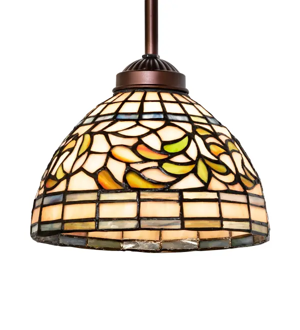 Subtle-toned Autumn Gold, Russet, and Moss Green leaves swirl against an Amber Mauve background in this stained glass Tiffany Studio reproduction. This elegant mini pendant, with Mahogany Bronze finished hardware, will complement any decor. The overall height can be adjusted by combining the four stem lengths that are included: 6-inch, 12-inch, 16-inch, and 24-inch, in any combination to achieve the desired drop from the ceiling. The Tiffany Turning Leaf Mini Pendant is included in our American-designed, handcrafted Tiffany Reproduction Collection. It is UL and cUL listed for dry and damp locations. Each shade is a unique work of art with color variations based on natural ingredients inherent in the glass. Collection: Tiffany Turning Leaf Finish: Mahogany Bronze Glass: Stained Glass Width: 8.00" Height: 16.00" Length: 8.00" Weight: 5.00 lb Number of Bulbs: 1 Maximum Wattage: 60.00 W Bulb Type: A19 Bulb Base: E26 Material: Steel Country of Origin: CHINA Safety Listing: Dry Safety Rating: Damp