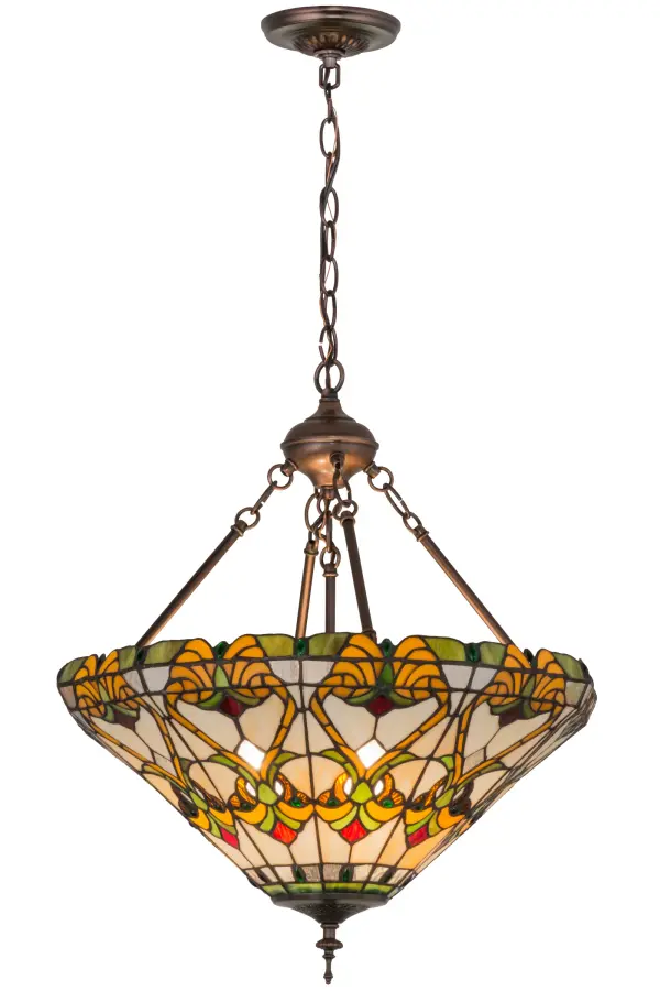 Beautiful stained glass created for a resplendent look best describes Middleton. Leafy Green Holly; Amber motifs with Ripe Red Berry accents and jewels highlight this decorative design on a Creamy Beige background. The art glass shade was created using Meyda Tiffany's famous copperfoil construction process and enhanced by decorative hardware finished in a warm Mahogany Bronze.