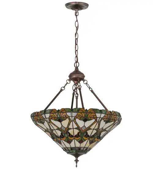 Beautiful stained glass created for a resplendent look best describes Middleton. Leafy Green Holly; Amber motifs with Ripe Red Berry accents and jewels highlight this decorative design on a Creamy Beige background. The art glass shade was created using Meyda Tiffany's famous copperfoil construction process and enhanced by decorative hardware finished in a warm Mahogany Bronze. - alternate view