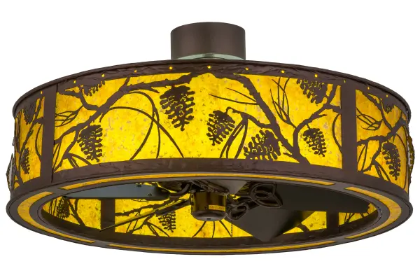 Listen closely. You can almost hear the soft whisper of the pine branches as they dance in the wind through this magnificent creation; which combines custom lighting and fan technologies.This nature-inspired design features beautiful light diffused through Amber Mica; which includes energy efficient LED strips as inner lights for decorative lighting while gentle breezes are produced by the fan spinning quietly in the center. Decorative accents and hardware are featured in a Mahogany Bronze finish and handcrafted by Meyda Artisans at the foothills of the Adirondack Mountains. In the summer; the fan pushes down a windchill that circulates to keep the space cool and comfortable. In winter; the fan is reversed to pull the room air up towards the ceiling and force the warm air back down and circulate to create warmth. Custom sizes; styles; colors and dimmable lamping options are available. UL and cUL listed for damp and dry locations.