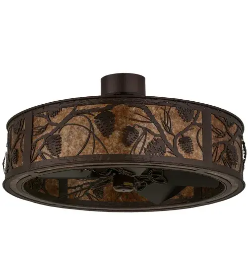 Listen closely. You can almost hear the soft whisper of the pine branches as they dance in the wind through this magnificent creation; which combines custom lighting and fan technologies.This nature-inspired design features beautiful light diffused through Amber Mica; which includes energy efficient LED strips as inner lights for decorative lighting while gentle breezes are produced by the fan spinning quietly in the center. Decorative accents and hardware are featured in a Mahogany Bronze finish and handcrafted by Meyda Artisans at the foothills of the Adirondack Mountains. In the summer; the fan pushes down a windchill that circulates to keep the space cool and comfortable. In winter; the fan is reversed to pull the room air up towards the ceiling and force the warm air back down and circulate to create warmth. Custom sizes; styles; colors and dimmable lamping options are available. UL and cUL listed for damp and dry locations. - alternate view