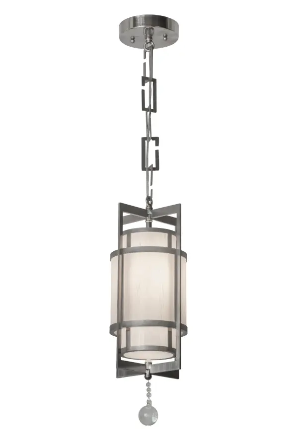 Rendering a stunning architectural look; this structural ceiling pendant features Handpainted Divinity Ivory Linen Idalight enveloping a White iridescent glass cylinder. The fixture is enhanced with a Statuario Idalight bottom diffuser with a Clear Crystal ball accent for that finishing touch. The pendant is handcrafted with decorative accents and hardware featured in Brushed Stainless Steel. Handcrafted by highly skilled artisans in our 180;000 square foot manufacturing facility in Yorkville; New York; the Raiff pendant is available in custom sizes; styles; colors and lamping options such as LED. This fixture is UL and cUL listed for dry and damp locations.