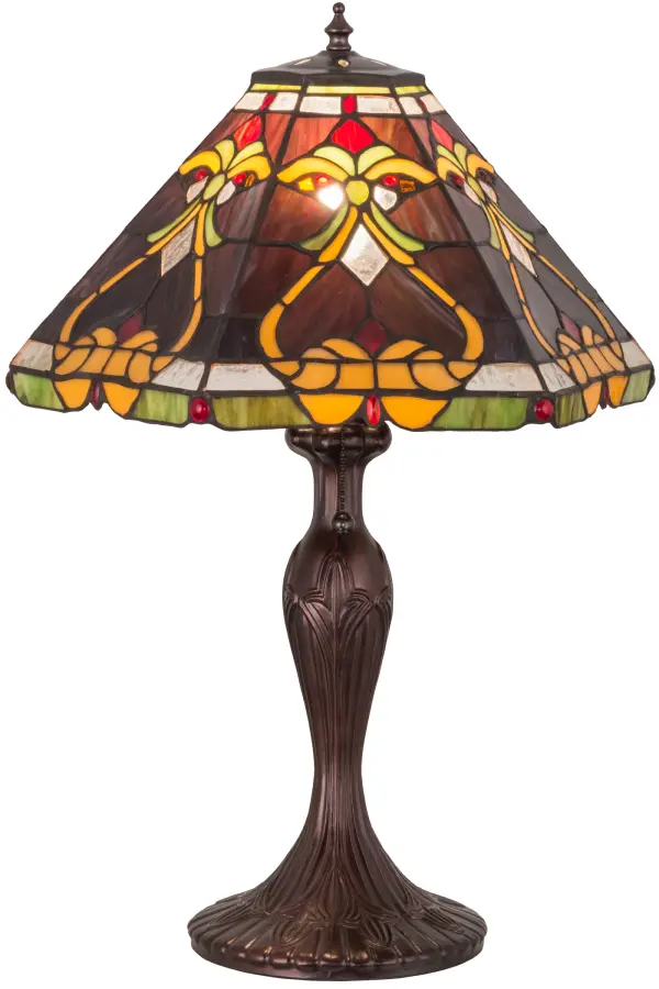 Beautiful stained glass created for a resplendent look best describes Middleton. Leaf Green and Amber motifs with Ripe Red Berry accents and jewels highlight this decorative design on a Dark Amethyst colored background. The art glass shade was created using Meyda Tiffany's famous copperfoil construction process and enhanced by a decorative lamp base finished in a warm Mahogany Bronze. Custom colors; sizes; designs and dimmable energy efficient lamping options are available.