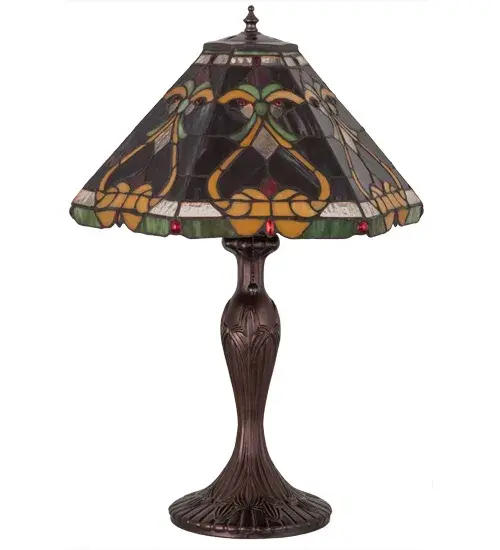 Beautiful stained glass created for a resplendent look best describes Middleton. Leaf Green and Amber motifs with Ripe Red Berry accents and jewels highlight this decorative design on a Dark Amethyst colored background. The art glass shade was created using Meyda Tiffany's famous copperfoil construction process and enhanced by a decorative lamp base finished in a warm Mahogany Bronze. Custom colors; sizes; designs and dimmable energy efficient lamping options are available. - alternate view