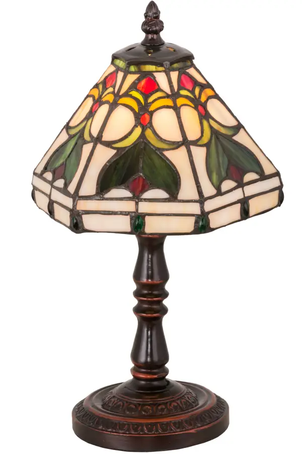 Beautiful stained glass created for a resplendent look best describes Middleton. Leafy Green Holly, Amber motifs with Ripe Red Berry accents and jewels highlight this decorative design on a Creamy Beige background. The art glass shade was created using Meyda Tiffany's famous copperfoil construction process and enhanced by a decorative lamp finished in a warm Mahogany Bronze. Collection: Middleton Finish: Mahogany Bronze Glass: Ruby,Sunflower,Green,White Width: 8.00" Height: 13.50" Length: 8.00" Weight: 3.00 lb Number of Bulbs: 1 Maximum Wattage: 60.00 W Bulb Type: BA10 Bulb Base: E12 Material: Zinc Country of Origin: CHINA Safety Listing: Dry Safety Rating: Dry