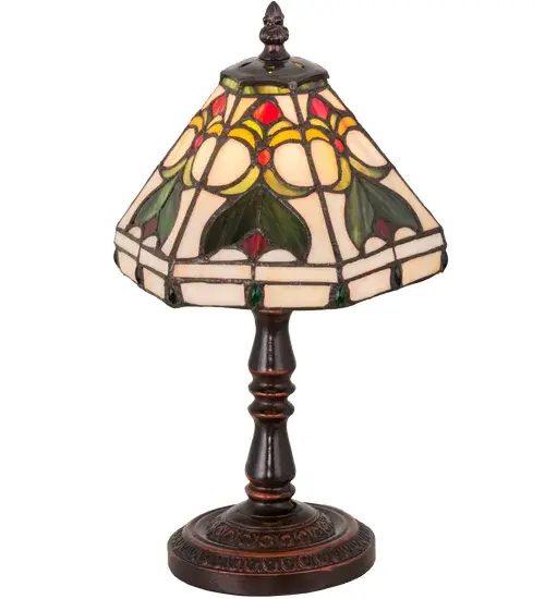 Beautiful stained glass created for a resplendent look best describes Middleton. Leafy Green Holly, Amber motifs with Ripe Red Berry accents and jewels highlight this decorative design on a Creamy Beige background. The art glass shade was created using Meyda Tiffany's famous copperfoil construction process and enhanced by a decorative lamp finished in a warm Mahogany Bronze. Collection: Middleton Finish: Mahogany Bronze Glass: Ruby,Sunflower,Green,White Width: 8.00" Height: 13.50" Length: 8.00" Weight: 3.00 lb Number of Bulbs: 1 Maximum Wattage: 60.00 W Bulb Type: BA10 Bulb Base: E12 Material: Zinc Country of Origin: CHINA Safety Listing: Dry Safety Rating: Dry - alternate view