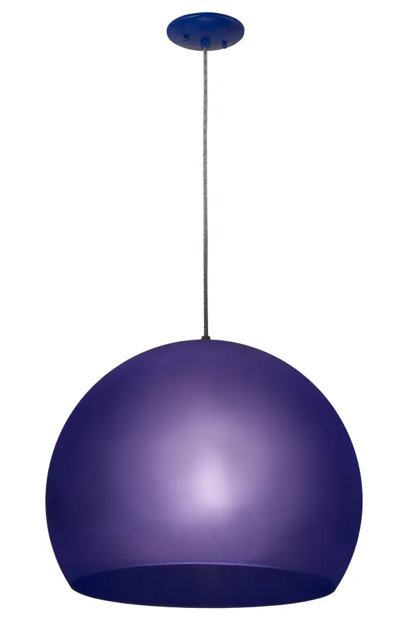 A fun, contemporary curved orb is featured in Transparent, Frosted Blue Idalight and enhanced with hardware in a Blue and Sparkle Silver Finish. Ideal for foyers, lobbies, conferences and other spaces in residential and commercial environments, this pendant is handcrafted by highly skilled artisans in our manufacturing facilities in Yorkville, New York. This pendant illuminates with energy efficient compact fluorescent lamping (CFL). Custom colors, styles and sizes are available. The fixture is UL and cUL listed for damp and dry locations. Collection: Bola Finish: Blue Glass: Blue Width: 20.00" Height: 18.00" Length: 20.00" Weight: 4.00 lb Number of Bulbs: 1 Maximum Wattage: 32.00 W Bulb Type: T3COIL Bulb Base: E26 Light Source: CFL Material: Metal Or Polyresin Country of Origin: USA Safety Listing: Damp Safety Rating: Damp