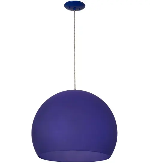 A fun, contemporary curved orb is featured in Transparent, Frosted Blue Idalight and enhanced with hardware in a Blue and Sparkle Silver Finish. Ideal for foyers, lobbies, conferences and other spaces in residential and commercial environments, this pendant is handcrafted by highly skilled artisans in our manufacturing facilities in Yorkville, New York. This pendant illuminates with energy efficient compact fluorescent lamping (CFL). Custom colors, styles and sizes are available. The fixture is UL and cUL listed for damp and dry locations. Collection: Bola Finish: Blue Glass: Blue Width: 20.00" Height: 18.00" Length: 20.00" Weight: 4.00 lb Number of Bulbs: 1 Maximum Wattage: 32.00 W Bulb Type: T3COIL Bulb Base: E26 Light Source: CFL Material: Metal Or Polyresin Country of Origin: USA Safety Listing: Damp Safety Rating: Damp - alternate view