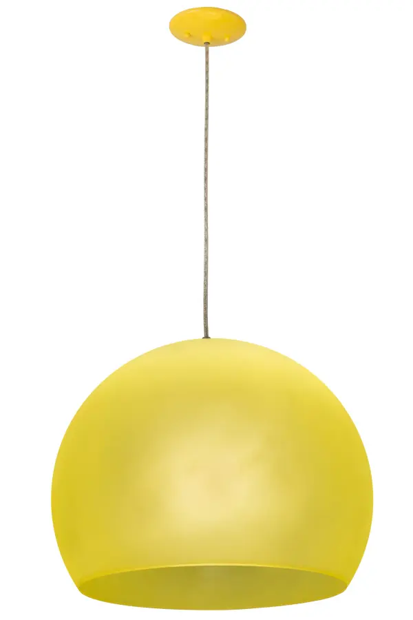 A fun, contemporary curved orb is featured in Transparent and Frosted Yellow Idalight and enhanced with hardware in a Yellow and Sparkle Silver Finish. Ideal for foyers, lobbies, conferences and other spaces in residential and commercial environments, this pendant is handcrafted by Meyda artisans in our manufacturing facilities in Yorkville, New York. This pendant illuminates with energy efficient compact fluorescent lamping (CFL). Custom colors, styles and sizes are available. The fixture is UL and cUL listed for damp and dry locations. Collection: Bola Finish: Yellow Glass: Yellow Width: 20.00" Height: 18.00" Length: 20.00" Weight: 4.00 lb Number of Bulbs: 1 Maximum Wattage: 60.00 W Bulb Type: A19 Bulb Base: E26 Light Source: CFL Color Temperature: 3000 K Material: Steel Country of Origin: USA Safety Listing: Damp Safety Rating: Damp LED