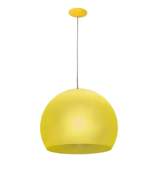 A fun, contemporary curved orb is featured in Transparent and Frosted Yellow Idalight and enhanced with hardware in a Yellow and Sparkle Silver Finish. Ideal for foyers, lobbies, conferences and other spaces in residential and commercial environments, this pendant is handcrafted by Meyda artisans in our manufacturing facilities in Yorkville, New York. This pendant illuminates with energy efficient compact fluorescent lamping (CFL). Custom colors, styles and sizes are available. The fixture is UL and cUL listed for damp and dry locations. Collection: Bola Finish: Yellow Glass: Yellow Width: 20.00" Height: 18.00" Length: 20.00" Weight: 4.00 lb Number of Bulbs: 1 Maximum Wattage: 60.00 W Bulb Type: A19 Bulb Base: E26 Light Source: CFL Color Temperature: 3000 K Material: Steel Country of Origin: USA Safety Listing: Damp Safety Rating: Damp LED - alternate view