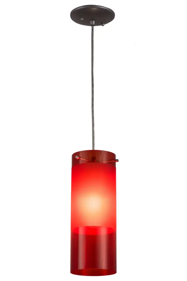 Ideal for illuminating fun interiors in a home, resort or theme park, this cool mini pendant is designed with Transparent and Frosted Red Idalight, which is enhanced with hardware featured in a Sparkle Silver finish. Install in groups to illuminate islands, counters, bars or tables in a variety of residential and commercial settings. The fixture will complement any space or decor and is handcrafted by Meyda artisans in our manufacturing facility in the USA.Custom colors, styles and sizes are available.Energy efficient lamping options are offered. The pendant is UL and cUL listed for damp and dry locations. Collection: Cilindro Finish: Oil Rubbed Bronze Glass: Red Width: 5.00" Height: 15.00" Length: 5.00" Weight: 2.50 lb Number of Bulbs: 1 Maximum Wattage: 13.00 W Bulb Type: T2COIL Bulb Base: E26 Light Source: CFL Material: Steel Country of Origin: USA Safety Listing: Damp Safety Rating: Damp
