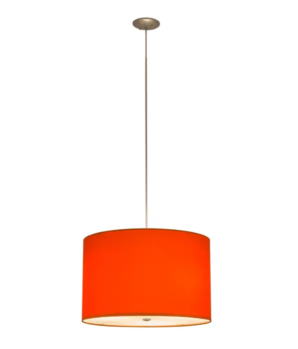 This stylish pendant is designed with a Sparkle Silver and Orange linen styled Textrene shade, which is complemented with a Satin finished Statuario Idalight bottom diffuser. The pendant is ideal for illuminating fun interiors in a home, resort or theme park and will complement any space or decor. The fixture is handcrafted by Meyda artisans in our manufacturing facility in the USA. Custom colors, styles and sizes are available. Energy efficient lamping options are offered. The pendant is UL and cUL listed for damp and dry locations. Collection: Cilindro Finish: Sparkle Silver Glass: Orange Linen Width: 22.00" Height: 16.50" Length: 22.00" Weight: 6.00 lb Number of Bulbs: 3 Maximum Wattage: 24.00 W Bulb Type: T5 DUAL Bulb Base: E26 Material: Steel Country of Origin: USA Safety Listing: Damp Safety Rating: Damp