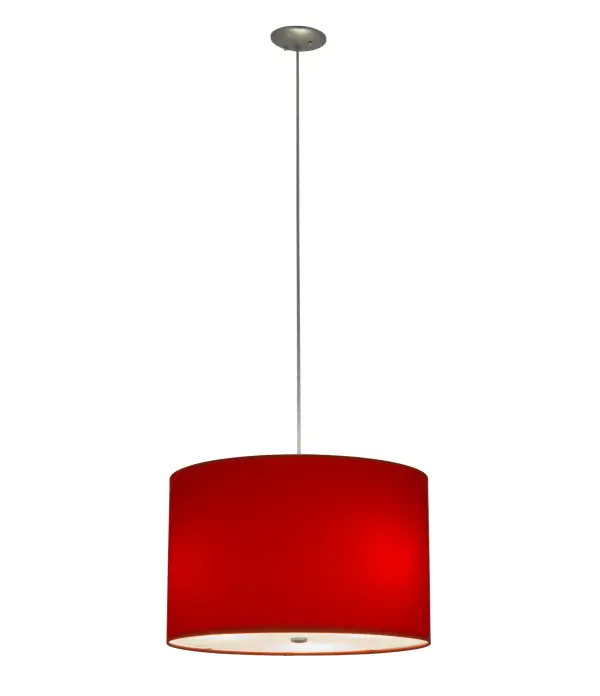 This stylish pendant is designed with a Sparkle Silver and Red linen styled Textrene shade, which is complemented with a Statuario Idalight bottom diffuser. The pendant is ideal for illuminating fun interiors in a home, resort or theme park and will complement any space or decor. The fixture is handcrafted by Meyda artisans in our manufacturing facility in the USA. Custom colors, styles and sizes are available. Energy efficient lamping options are offered. The pendant is UL and cUL listed for damp and dry locations. Collection: Cilindro Finish: Sparkle Silver Glass: Red Linen Width: 22.00" Height: 16.50" Length: 22.00" Weight: 6.00 lb Number of Bulbs: 3 Maximum Wattage: 60.00 W Bulb Type: A19 Bulb Base: E26 Material: Steel Country of Origin: USA Safety Listing: Damp Safety Rating: Damp