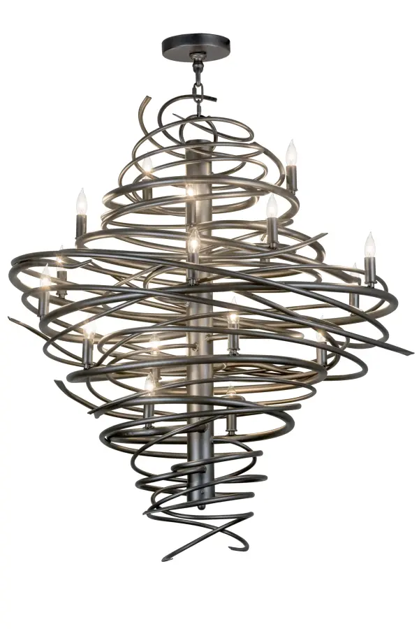 The popular Cyclone simulates whirling winds of energy and gyration with twisting Solid Steel tubing that is accentuated with 18 strategically placed faux candlelights. The winding mass of steel surrounds a sturdy post, all finished in Pewter. Custom crafted by highly skilled artisans in our 180,000 square foot manufacturing facility in Yorkville, New York. Custom colors, styles and sizes are available, as well as dimmable energy efficient lamping options such as LED. UL and cUL listed for damp and dry locations. Collection: Cyclone Finish: Pewter Glass: Beige,Iridescent Width: 36.00" Height: 47.00" Length: 36.00" Weight: 63.00 lb Number of Bulbs: 18 Maximum Wattage: 40.00 W Bulb Type: BA9 Bulb Base: Candelabra Material: Steel Country of Origin: USA Safety Listing: Damp Safety Rating: Damp