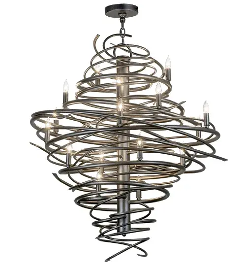 The popular Cyclone simulates whirling winds of energy and gyration with twisting Solid Steel tubing that is accentuated with 18 strategically placed faux candlelights. The winding mass of steel surrounds a sturdy post, all finished in Pewter. Custom crafted by highly skilled artisans in our 180,000 square foot manufacturing facility in Yorkville, New York. Custom colors, styles and sizes are available, as well as dimmable energy efficient lamping options such as LED. UL and cUL listed for damp and dry locations. Collection: Cyclone Finish: Pewter Glass: Beige,Iridescent Width: 36.00" Height: 47.00" Length: 36.00" Weight: 63.00 lb Number of Bulbs: 18 Maximum Wattage: 40.00 W Bulb Type: BA9 Bulb Base: Candelabra Material: Steel Country of Origin: USA Safety Listing: Damp Safety Rating: Damp - alternate view