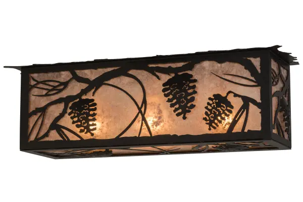 Listen closely. You can almost hear the soft whisper of the pine branches as they dance in the wind. Enjoy the ambiance of beautiful light diffused through Silver Mica featuring stunning pinecone and tree branch designs. This fixture is designed to be mounted from the ceiling in front of a mirror. This appealing ceiling fixture is featured in a Black finish and handcrafted by Meyda artisans in Yorkville; New York; at the foothills of the Adirondack Mountains. Create the lighting design; colors; size; and style of your choice. Dimmable energy-efficient lamping options are available. The fixture is UL and cUL listed for damp and dry locations.
