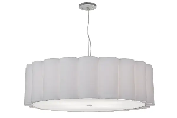 Designed with a stunning flower-pleated profile that fits into a wide array of hospitality; residential and commercial spaces; this exquisite ceiling pendant design defines a distinctive sophisticated aesthetic. The White Textrene shade is enhanced with a Statuario Idalight bottom diffuser and complemented with Nickel powder coated hardware. Customer supplied A19 LEDs provide energy savings and long lamp life. Handcrafted in the USA; this fixture is available in custom colors; styles and sizes; as well as dimmable energy efficient lamping options. The pendant is UL and cUL listed for damp and dry locations.