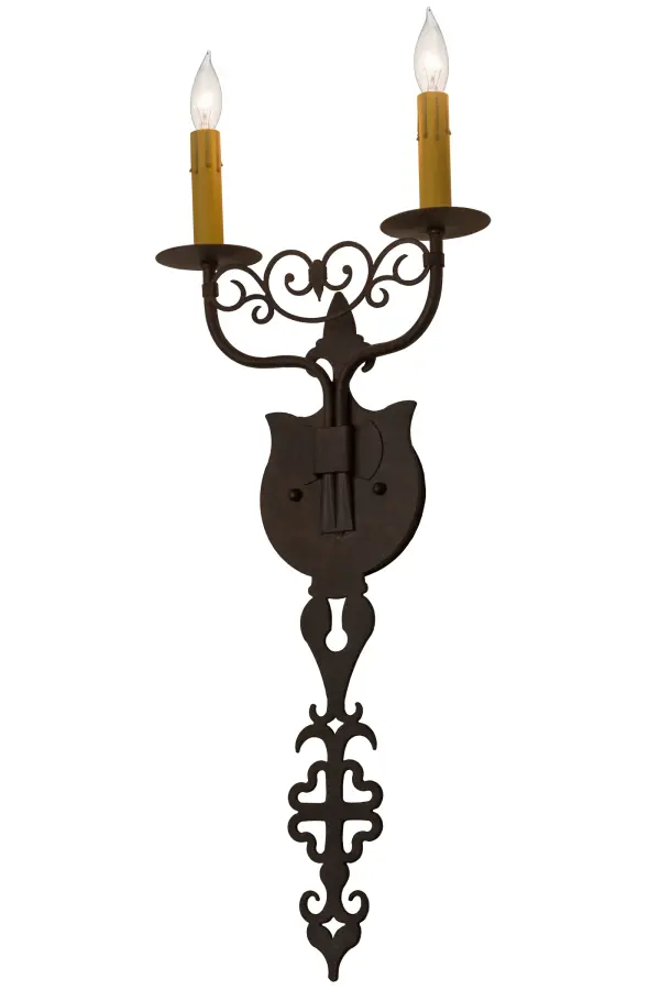 Ornate hand-forged metalwork and a medallion styled backplate create a rich, luxurious look for Merano. This high-styled wall fixture features two faux candlelights perched on bobeches and enhanced with scrolled accents featured in a Cajun Spice Textured finish. This sconce is ideal to complement a variety of architectural styles for today's interiors. Custom crafted in the USA, this fixture is offered in custom sizes, finishes and styles, as well as energy efficient lamping options. Collection: Merano Finish: Cajun Spice Textured Glass: Coral,Chocolate Width: 11.00" Height: 26.00" Length: 3.50" Weight: 2.50 lb Extension from Wall: 3.50" Number of Bulbs: 2 Maximum Wattage: 60.00 W Bulb Type: BA9 Bulb Base: Candelabra Material: Steel Country of Origin: USA Safety Listing: Damp Safety Rating: Damp