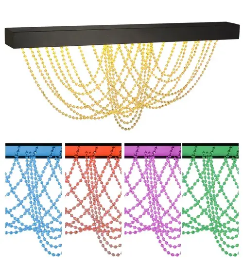 Like a vibrant valance of brilliant illumination, Hollander features a rugged Black linear frame that projects color-changing light utilizing Integral RGB LEDs. Swags of Red and Clear Crystal Beads add waves of classic elegance and beauty. Handcrafted in our manufacturing facility in Yorkville, NY, this awe-inspiring ceiling fixture is available in custom sizes, designs and colors. Dimmable lamping options are available. The 64-inch long fixture is UL and cUL listed for dry and damp locations. Collection: Hollander Finish: Flat Black Glass: Contrail Mist Idalight Width: 8.00" Height: 28.50" Length: 64.00" Weight: 37.00 lb Extension from Wall: 8.00" Number of Bulbs: 4 Maximum Wattage: 183.00 W Bulb Type: STRIP Bulb Base: INTEGRAL Light Source: LED Material: Steel Country of Origin: USA Safety Listing: Damp Safety Rating: Damp LED