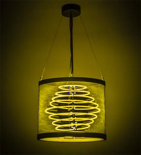 Like a mesmerizing summer morning, this oval shaped pendant is highlighted with a series of nine High Power Yellow Neon tubes as they appear to burn the mist off from the morning dew, illuminating brilliantly for all to see. The stunning shade is complemented with a frame and hardware featured in a Wrought Iron finish. Handcrafted in the USA, this fixture is available in custom colors, designs, sizes and dimmable energy efficient lamping options. The pendant is UL and cUL listed for damp and dry locations. Collection: Liquid Sunshine Finish: Old Wrought Iron Glass: Neon Orange Width: 12.00" Height: 41.00" Length: 30.00" Weight: 17.50 lb Extension from Wall: 6.00" Number of Bulbs: 6 Maximum Wattage: 75.00 W Bulb Base: CUSTOM Material: Steel Country of Origin: USA Safety Listing: Dry Safety Rating: Dry