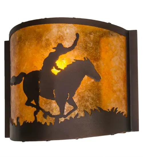 Bring the western charm of the prairie inside your home. A Cowboy riding his trusty horse accents this Western-inspired wall sconce. The fixture features an Amber Mica lens complemented with a Mahogany Bronze finish. The Cowboy Wall Sconce is included in our American-made, American-designed, handcrafted Western Lighting Collection and manufactured in Yorkville, NY. UL and cUL listed for dry and damp locations. Collection: Cowboy Finish: Mahogany Bronze Glass: Amber Mica Width: 12.00" Height: 9.50" Length: 4.00" Weight: 2.00 lb Extension from Wall: 4.50" Number of Bulbs: 1 Maximum Wattage: 60.00 W Bulb Type: A19 Bulb Base: Medium Material: Steel Country of Origin: USA Safety Listing: Damp Safety Rating: Damp - alternate view