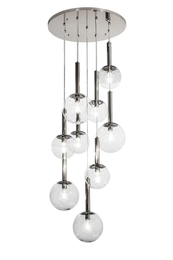 Innovation; imagination and industrial design come together for a unique look. A captivating illuminating design that appears like pistons thrusting up and down; this cascading pendant displays nine Clear Glass globes that reveal Edison bulbs attached to Steel rods featured in a Polished Nickel finish. Nine 20-watt LEDs deliver quality ambient light; energy savings; minimal maintenance and long life. The pendant is perfect for foyers; lobbies; and other spaces with tall ceilings. Custom crafted in the USA; this fixture is available in custom designs; colors and sizes; plus dimmable lamping options. UL and cUL listed for damp and dry locations.