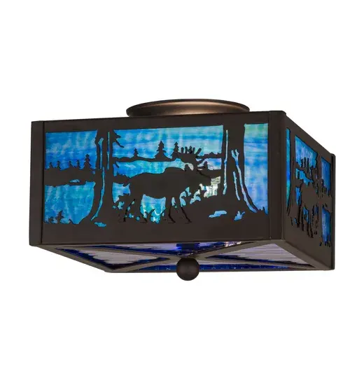 The majestic Moose wanders near a mountain lake in the wee hours of the morning. This nature inspired ceiling fixture radiates ambient lighting through Blue Green and Dark Blue art glass while a ravishing image depicts wildlife in an Oil Rubbed Bronze finish. Handcrafted in the USA by Meyda artisans at the foothills of Upstate New York's Adirondack Mountains, the fixture is available in custom sizes, designs, colors and dimmable energy efficient lamping options. The fixture is UL and cUL listed for dry and damp locations. Collection: Moose At Lake Finish: Oil Rubbed Bronze Glass: Light Blue & Dark Blue Art Glass Width: 14.50" Height: 7.00" Length: 10.00" Weight: 7.50 lb Number of Bulbs: 2 Maximum Wattage: 60.00 W Bulb Type: A19 Bulb Base: Medium Material: Steel Country of Origin: USA Safety Listing: Damp Safety Rating: Damp - alternate view
