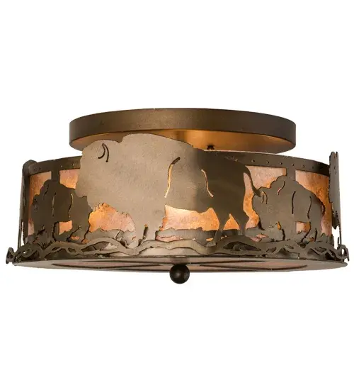 Majestic Buffalo stand in all of their glory, as a symbol of strength and unity. Warm ambient light emanates through Silver Mica and is complemented with hardware and decorative accents featured in an Antique Copper finish. The ceiling fixture is ideal for illuminating rooms in any residential or commercial setting. This fixture is handcrafted by Meyda artisans in the Yorkville, New York manufacturing facility at the foothills of the Adirondack Mountains. Custom styles, colors and sizes are available, as well as dimmable energy efficient lamping options. Collection: Buffalo Finish: Antique Copper Glass: Silver Mica Width: 16.00" Height: 8.00" Length: 16.00" Weight: 8.50 lb Extension from Wall: 5.50" Number of Bulbs: 4 Maximum Wattage: 60.00 W Bulb Type: A19 Bulb Base: Medium Material: Steel Country of Origin: USA Safety Listing: Damp Safety Rating: Damp - alternate view