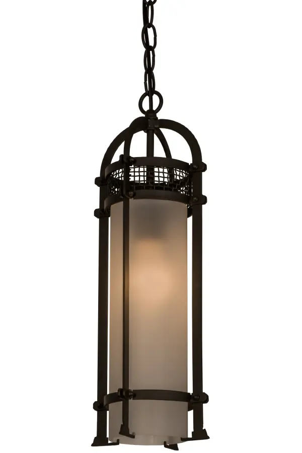 A handsome styled Clear Frosted glass cylindrical form is crowned with a caged frame; mesh and hardware which are featured in an Oil Rubbed Bronze finish. Handcrafted in Yorkville; New York; this fixture is available in dimmable energy efficient lamping options; as well as custom sizes; styles and colors.