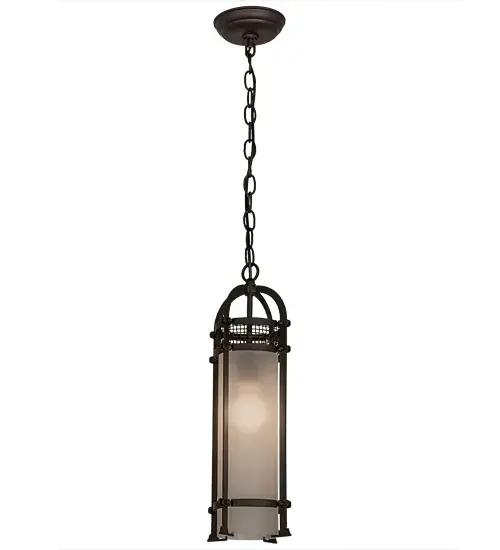 A handsome styled Clear Frosted glass cylindrical form is crowned with a caged frame; mesh and hardware which are featured in an Oil Rubbed Bronze finish. Handcrafted in Yorkville; New York; this fixture is available in dimmable energy efficient lamping options; as well as custom sizes; styles and colors. - alternate view
