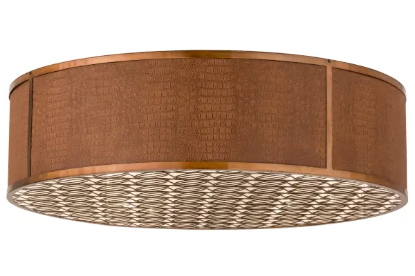 Designed with a stunning profile for various residential and commercial environments; this intriguing ceiling fixture design defines a distinctive sophisticated aesthetic. The unique Copper colored Alligator Skin-like diffuser is complemented with Transparent Copper trim and enhanced with a stylistically patterned grill on the bottom. Handcrafted in the USA; this fixture is available in custom colors; styles and sizes; as well as dimmable energy efficient lamping options such as LED. The flushmount is UL and cUL listed for damp and dry locations.