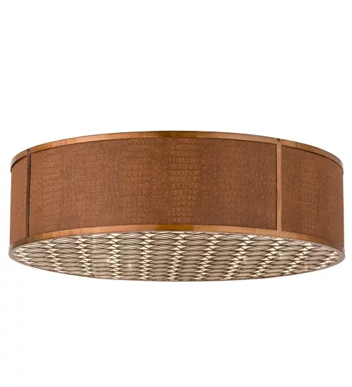 Designed with a stunning profile for various residential and commercial environments; this intriguing ceiling fixture design defines a distinctive sophisticated aesthetic. The unique Copper colored Alligator Skin-like diffuser is complemented with Transparent Copper trim and enhanced with a stylistically patterned grill on the bottom. Handcrafted in the USA; this fixture is available in custom colors; styles and sizes; as well as dimmable energy efficient lamping options such as LED. The flushmount is UL and cUL listed for damp and dry locations. - alternate view