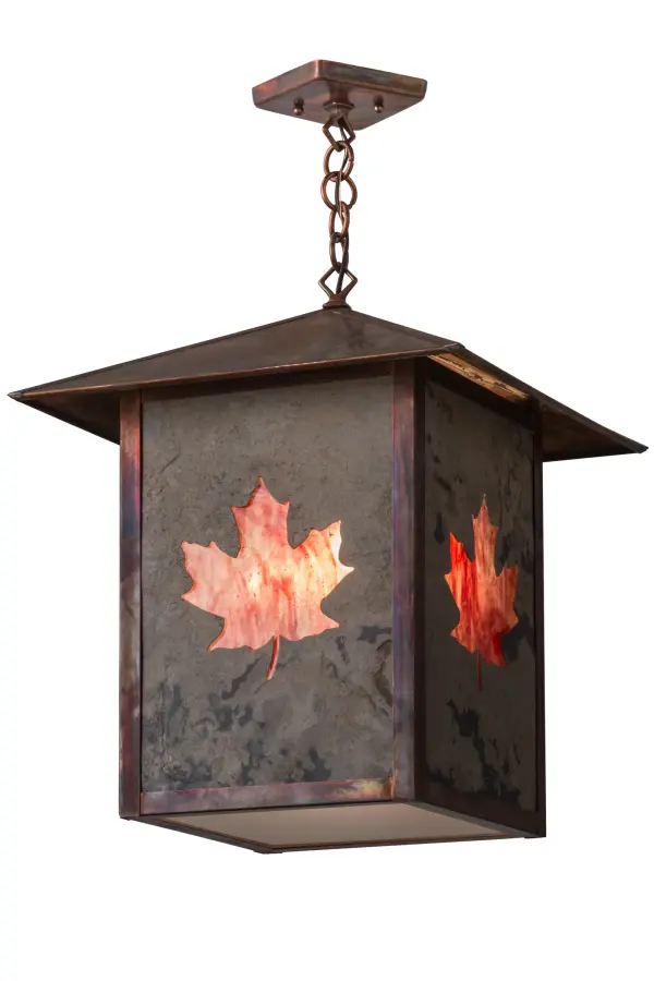 Custom crafted of Solid Copper; this fixture features a stunning Maple Leaf design in fiery Burgundy art glass on a diffuser created with Mossrock Optyka-Lite; which combines natural stone from exotic mines around the globe with luminous glass-like backing. Available in transparent and opaque finishes; Optyka-Lite features a unique; mineral-like textured look. These fixtures are complemented with a Frost Seeded glass bottom diffuser and hardware featured in a Vintage Copper finish. Options include custom designs; sizes; colors and dimmable energy efficient lamping. The fixture is UL and cUL listed for damp and dry locations.