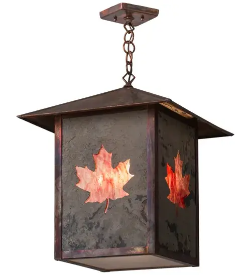 Custom crafted of Solid Copper; this fixture features a stunning Maple Leaf design in fiery Burgundy art glass on a diffuser created with Mossrock Optyka-Lite; which combines natural stone from exotic mines around the globe with luminous glass-like backing. Available in transparent and opaque finishes; Optyka-Lite features a unique; mineral-like textured look. These fixtures are complemented with a Frost Seeded glass bottom diffuser and hardware featured in a Vintage Copper finish. Options include custom designs; sizes; colors and dimmable energy efficient lamping. The fixture is UL and cUL listed for damp and dry locations. - alternate view