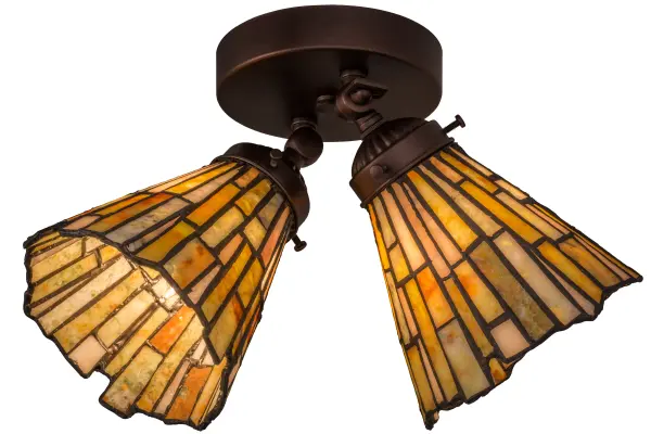 This unique decorative flushmount enables easy adjustment of the two shades to direct light where needed for a variety of applications. Thinly carved and polished natural Jadestone in earthy tones of Moss Green; Tan and Ivory become luminescent in these charming shades. Over the years people have enjoyed Jade which represents good luck; wisdom and the power to heal and protect. The stone shades are crafted with the famous Meyda Tiffany copperfoil process that is used on stained glass shades. Mahogany Bronze finished hardware completes this precious fixture.