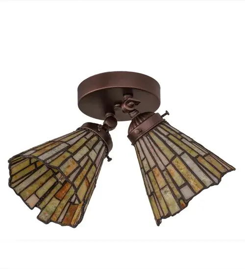 This unique decorative flushmount enables easy adjustment of the two shades to direct light where needed for a variety of applications. Thinly carved and polished natural Jadestone in earthy tones of Moss Green; Tan and Ivory become luminescent in these charming shades. Over the years people have enjoyed Jade which represents good luck; wisdom and the power to heal and protect. The stone shades are crafted with the famous Meyda Tiffany copperfoil process that is used on stained glass shades. Mahogany Bronze finished hardware completes this precious fixture. - alternate view