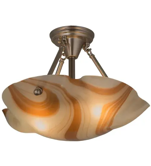 An elegant mouthblown styled shade is the result of high-fired Cognac colored swirled art glass. The Metro Fusion fixture; which includes hardware featured in a Brushed Nickel finish; is the perfect centerpiece for any room. The fixture is custom crafted in the USA. Custom sizes; colors and styles are available; as well as dimmable energy-efficient lamping options.