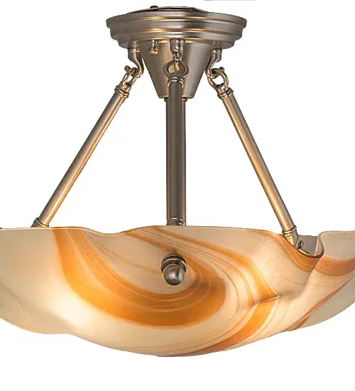 An elegant mouthblown styled shade is the result of high-fired Cognac colored swirled art glass. The Metro Fusion fixture; which includes hardware featured in a Brushed Nickel finish; is the perfect centerpiece for any room. The fixture is custom crafted in the USA. Custom sizes; colors and styles are available; as well as dimmable energy-efficient lamping options. - alternate view