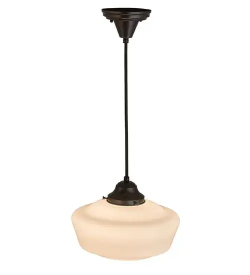 Solid White Schoolhouse glass reflects an authentic classic design, a perfectly formed shade that was handcrafted with rich artisanship and style. Originally used in private residences, schools, galleries and libraries, this Schoolhouse pendant is cord hung and will illuminate a broad range of interiors today. The pendant is enhanced with hardware finished in a warm Craftsman Brown. The fixture is custom crafted in Upstate New York. Custom styles, colors, sizes and dimmable energy efficient lamping options are offered. Collection: Revival Finish: Craftsman Brown Glass: White Opal Glass Width: 12.00" Height: 13.50" Length: 12.00" Weight: 4.00 lb Extension from Wall: 9.00" Number of Bulbs: 1 Maximum Wattage: 60.00 W Bulb Type: A19 Bulb Base: E26 Material: Metal Country of Origin: USA Safety Listing: Damp Safety Rating: Damp - alternate view